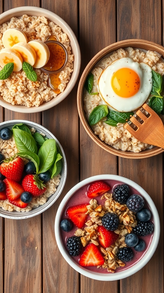 A variety of oatmeal dishes including classic oatmeal, savory oatmeal, and smoothie bowl on a wooden table.